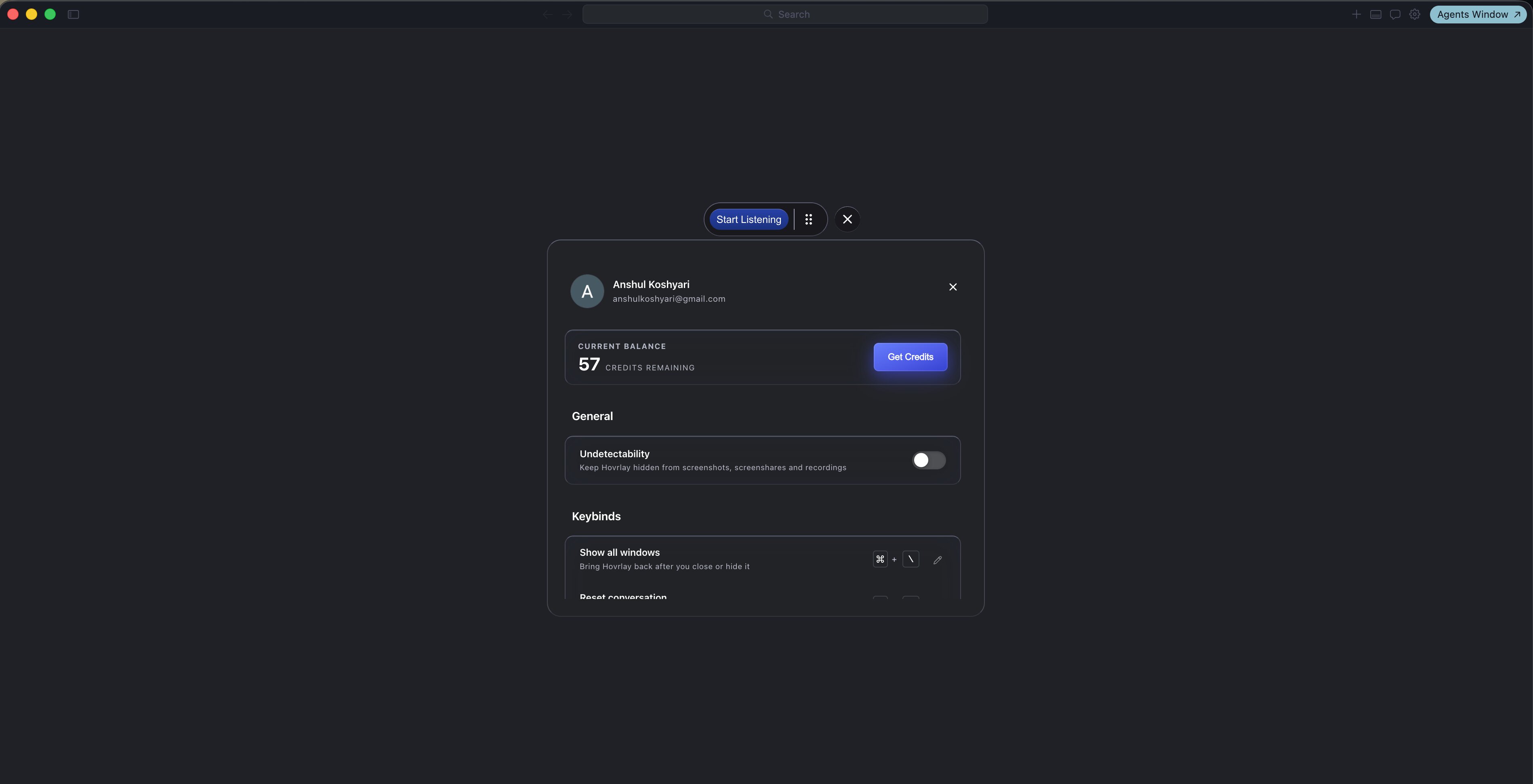 Hovrlay settings with undetectability toggle enabled
